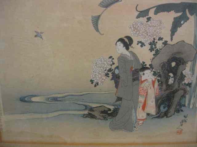 Appraisal: Japanese Woodblock Print scene with mother child '' x ''