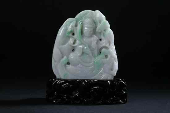 Appraisal: CHINESE APPLE GREEN AND CELADON JADEITE FIGURE OF GUANYIN -