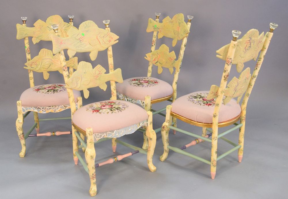 Appraisal: Group of four Mackenzie Childs chairs carved fish and floral