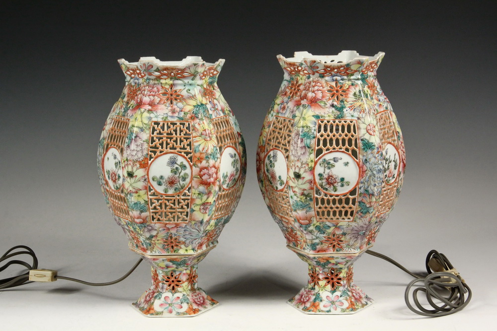 Appraisal: PAIR OF CHINESE PORCELAIN MANTEL LAMPS - Two-Part Electric Lanterns