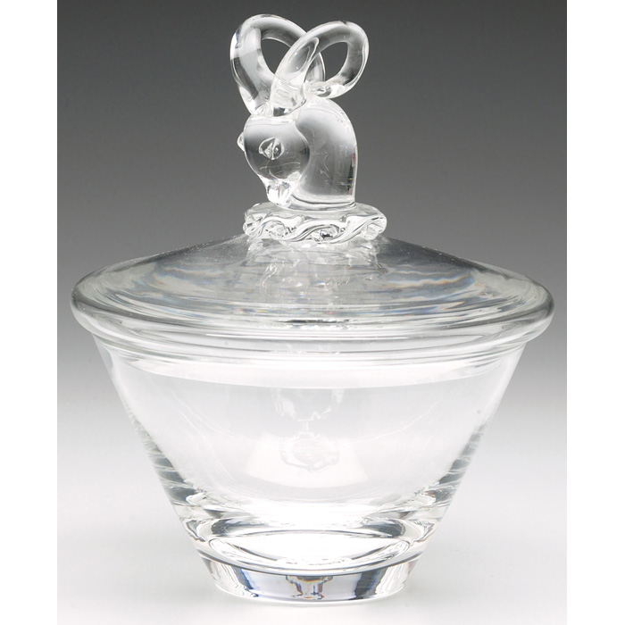 Appraisal: Steuben covered dish tapered form in clear glass with rams