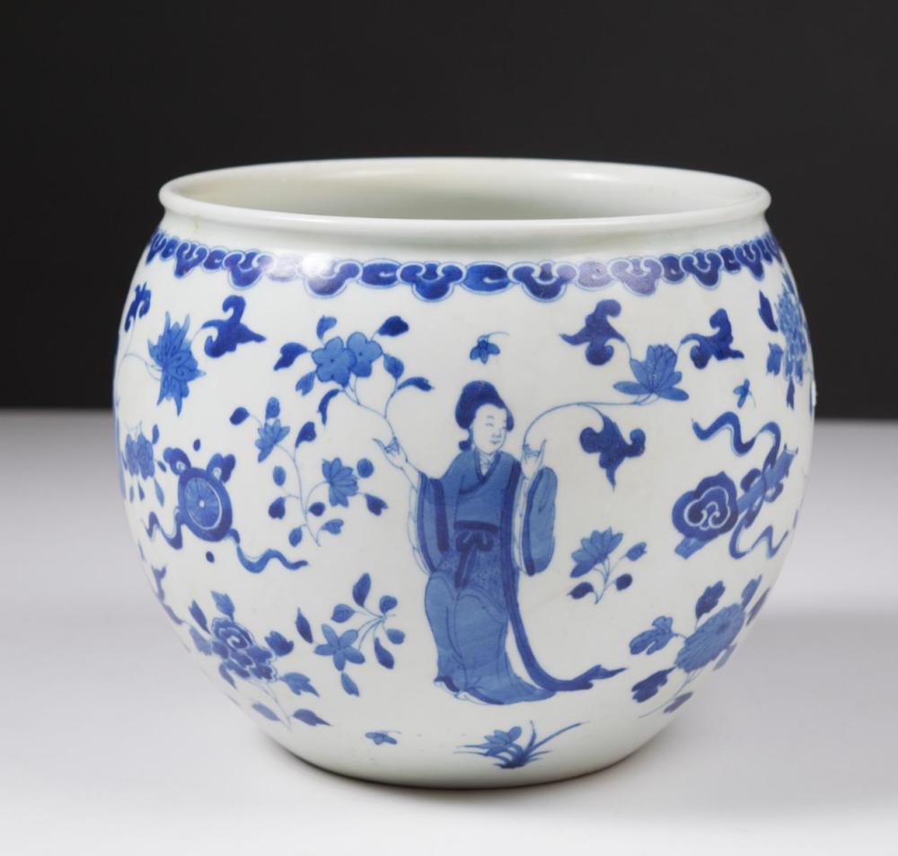 Appraisal: CHINESE BLUE AND WHITE PORCELAIN JARDINIERE painted blue underglaze depicting