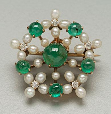 Appraisal: Emerald pearl pendant pin to kt circular gold pin mounted