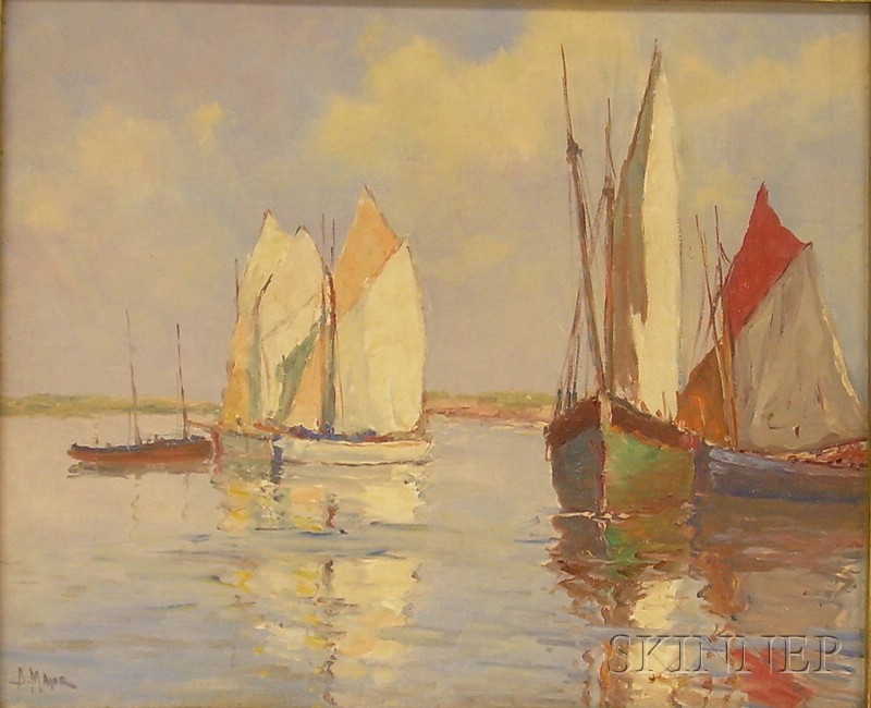 Appraisal: Framed Oil on Board Scene of Ships in a Harbor