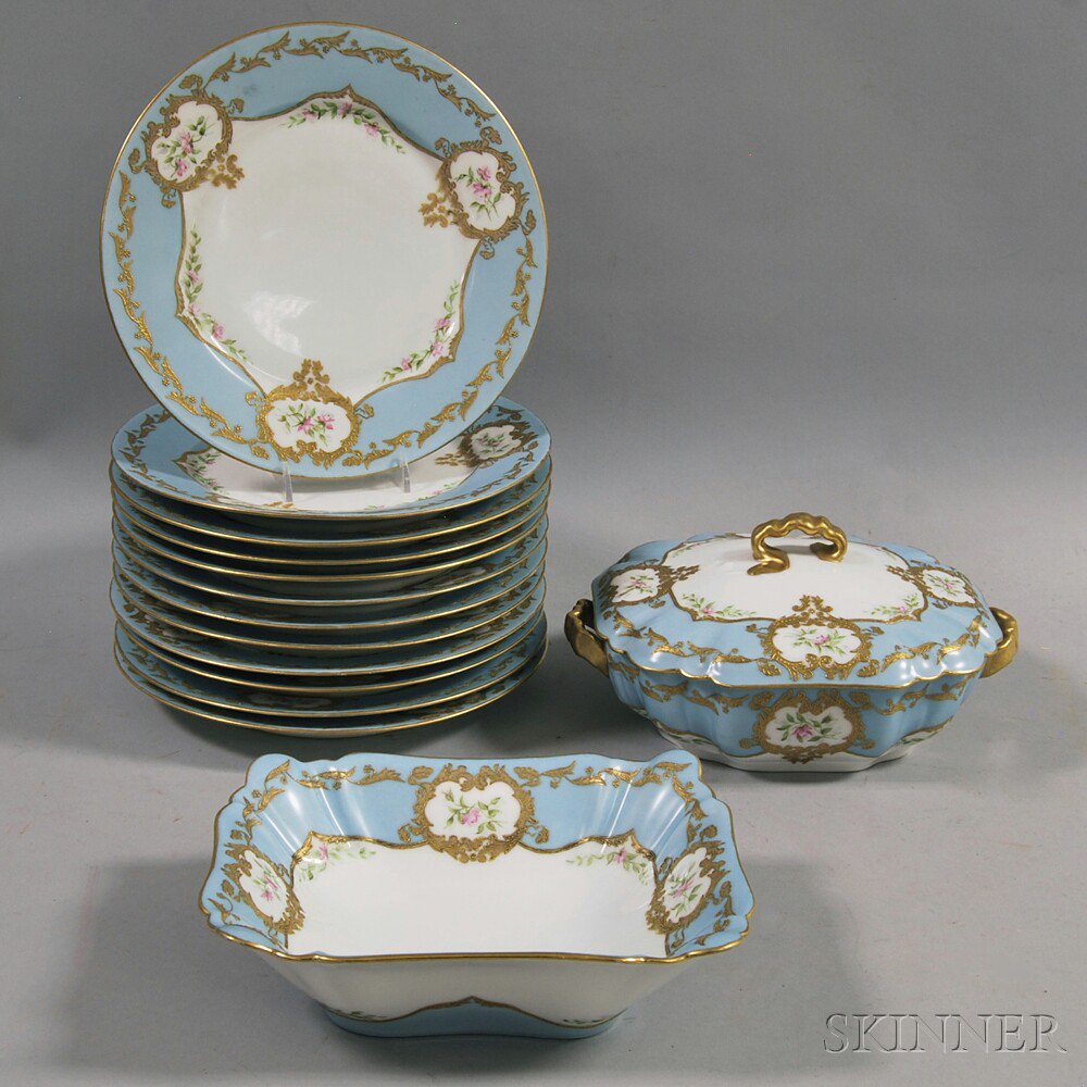 Appraisal: Fourteen-piece Limoges Hand-painted Partial Porcelain Service with sky blue and