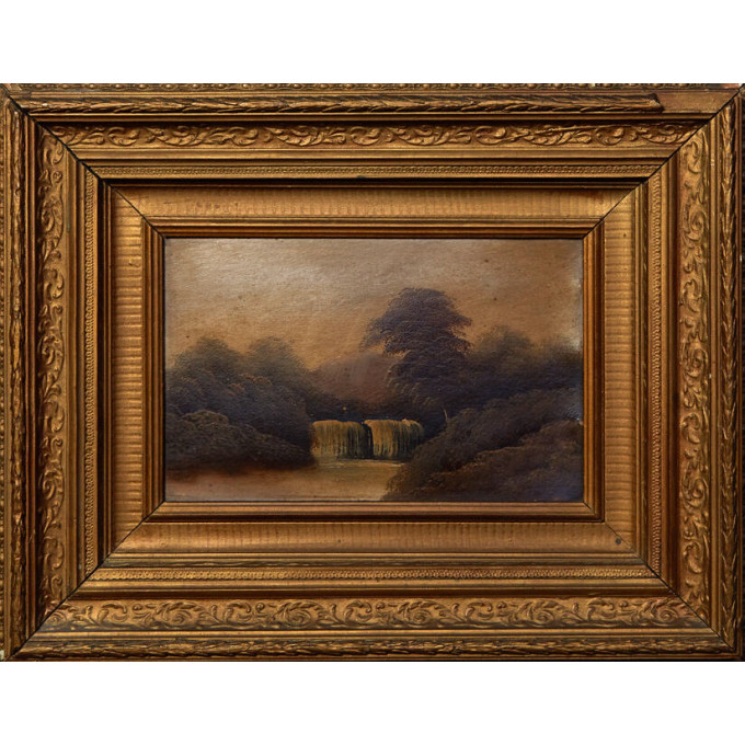 Appraisal: American School Waterfall th c oil on paper board laid