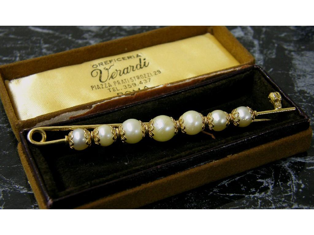 Appraisal: ct cultured pearl bar brooch set with seven graduated pearls