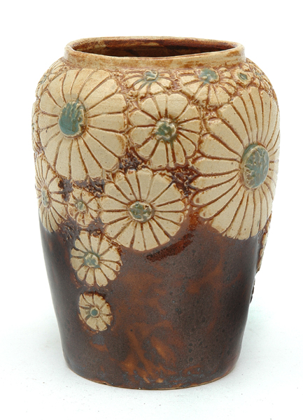 Appraisal: MARGUERITE MAHOOD Victoria circa Cylindrical earthenware vase brown glaze with