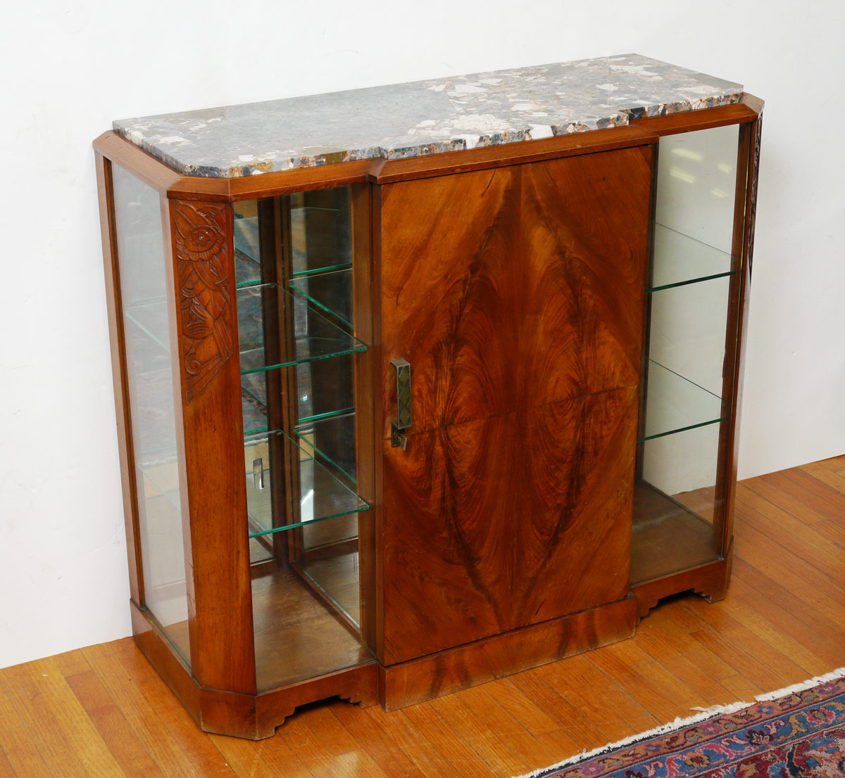 Appraisal: FRENCH ART DECO SIDE CABINET Shaped inset marble top Central