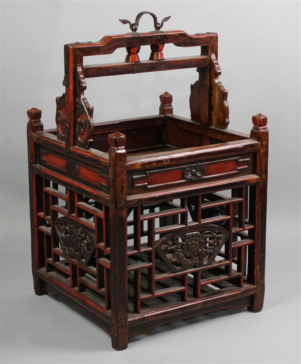 Appraisal: CHINESE PAINTED WOOD PICNIC BASKET with openwork patterned sides and