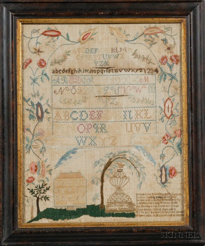 Appraisal: Needlework Mourning Sampler Wrought by Rebekah Richardson Aged yrs Woburn