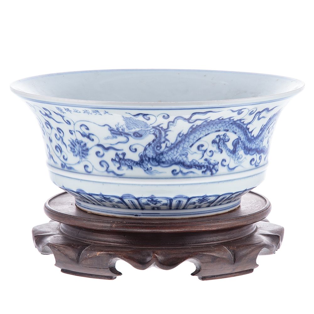 Appraisal: Chinese Blue White Porcelain Bowl th century having exterior dragon