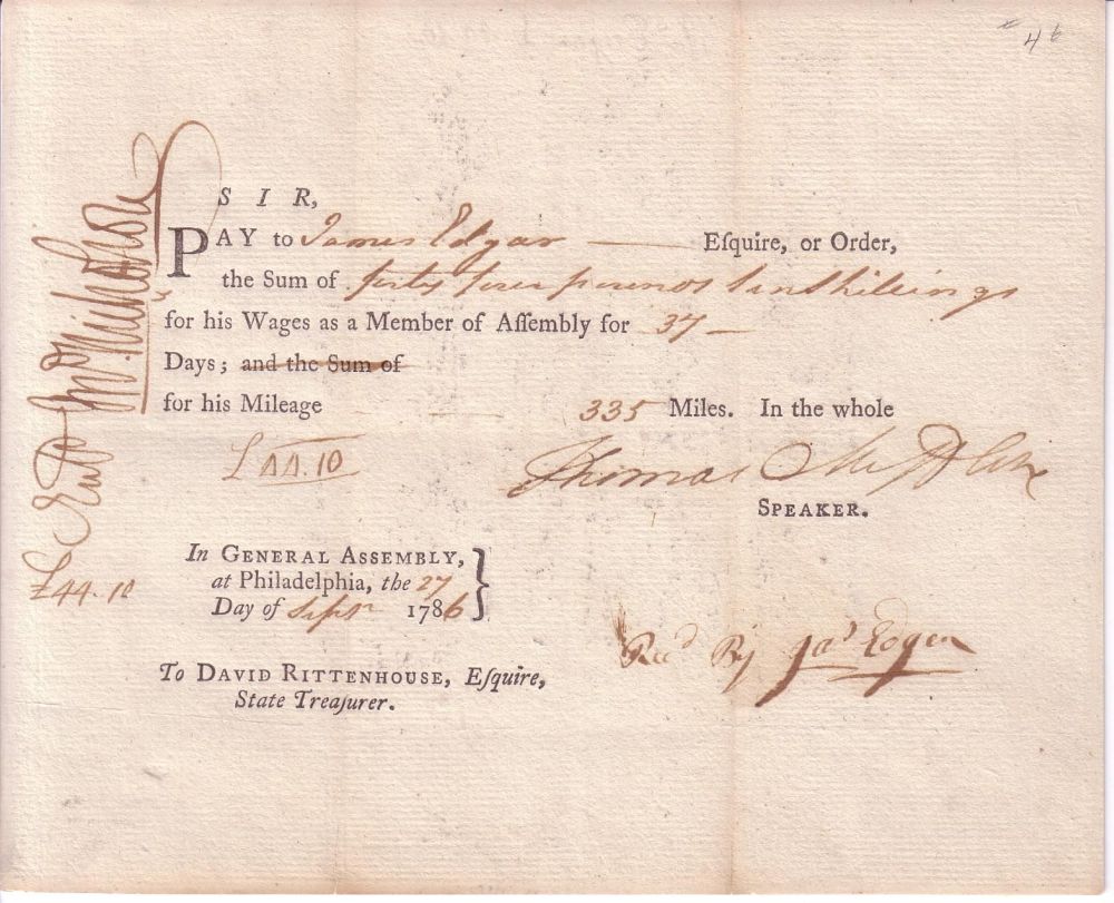 Appraisal: MIFFLIN THOMAS Partly-printed Document Signed as Speaker of the General