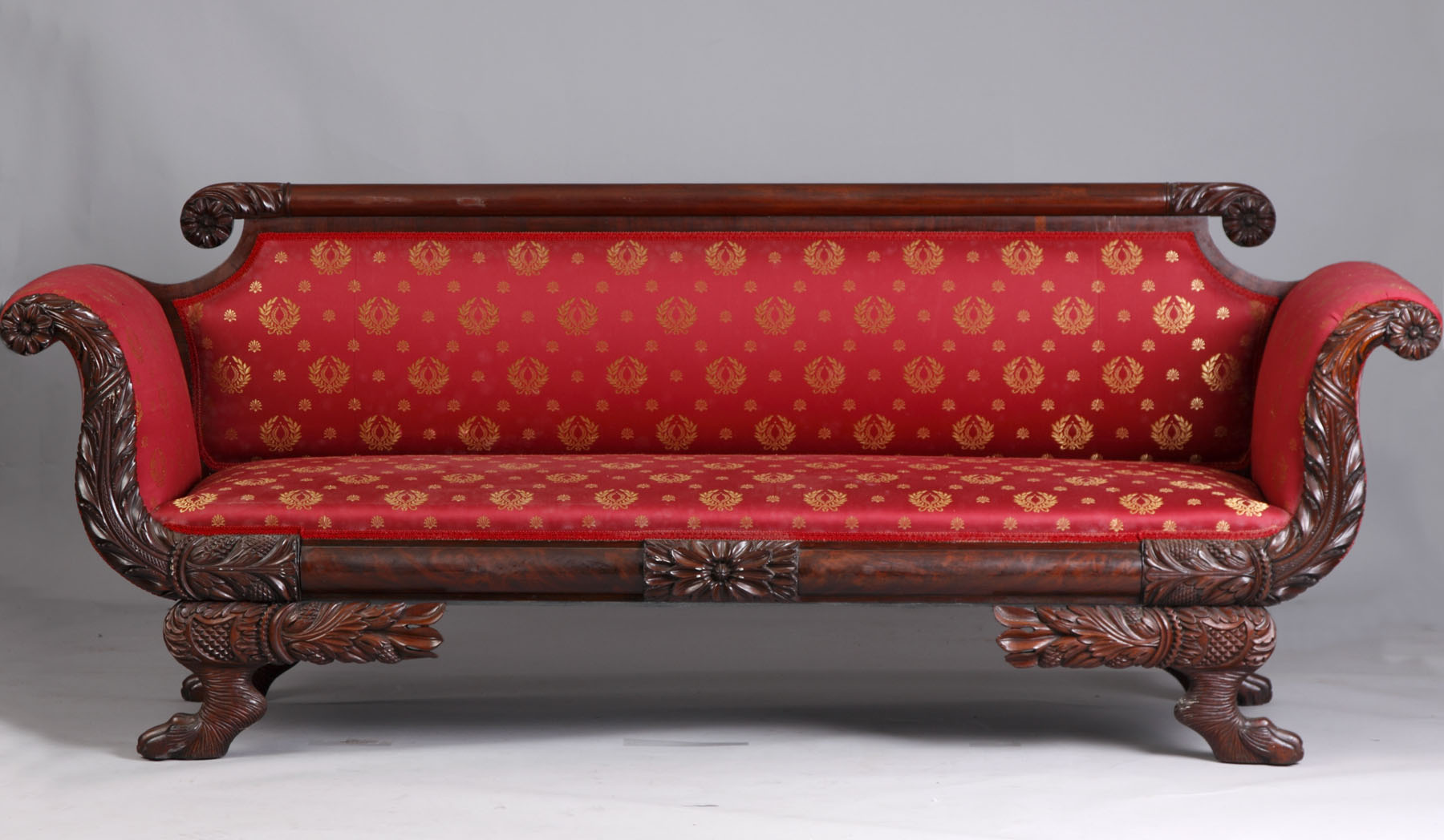 Appraisal: Federal Carved Mahognay Sofa Claw feet cornucopia arms fine silk