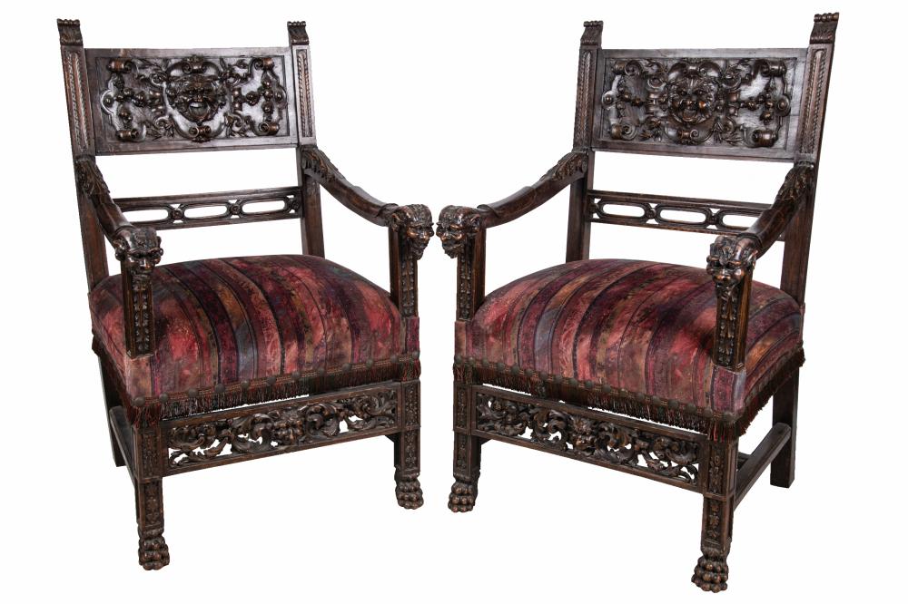 Appraisal: PAIR OF RENAISSANCE STYLE CARVED WOOD HALL CHAIRSCondition general surface