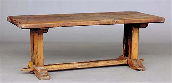 Appraisal: French harvest table th centuryslab top on trestle base with