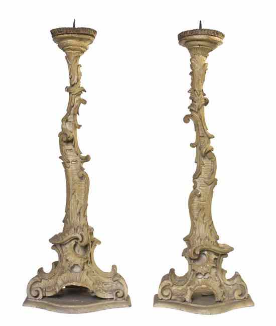 Appraisal: A Pair of Rococo Style Carved and Painted Pricket Sticks