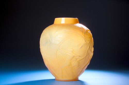 Appraisal: R LALIQUE Vase Archers cased opalescent yellow butterscotch ca Engraved