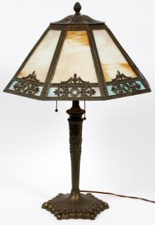 Appraisal: TWO-LIGHT PATINATED METAL AND CARAMEL GLASS TABLE LAMP H A