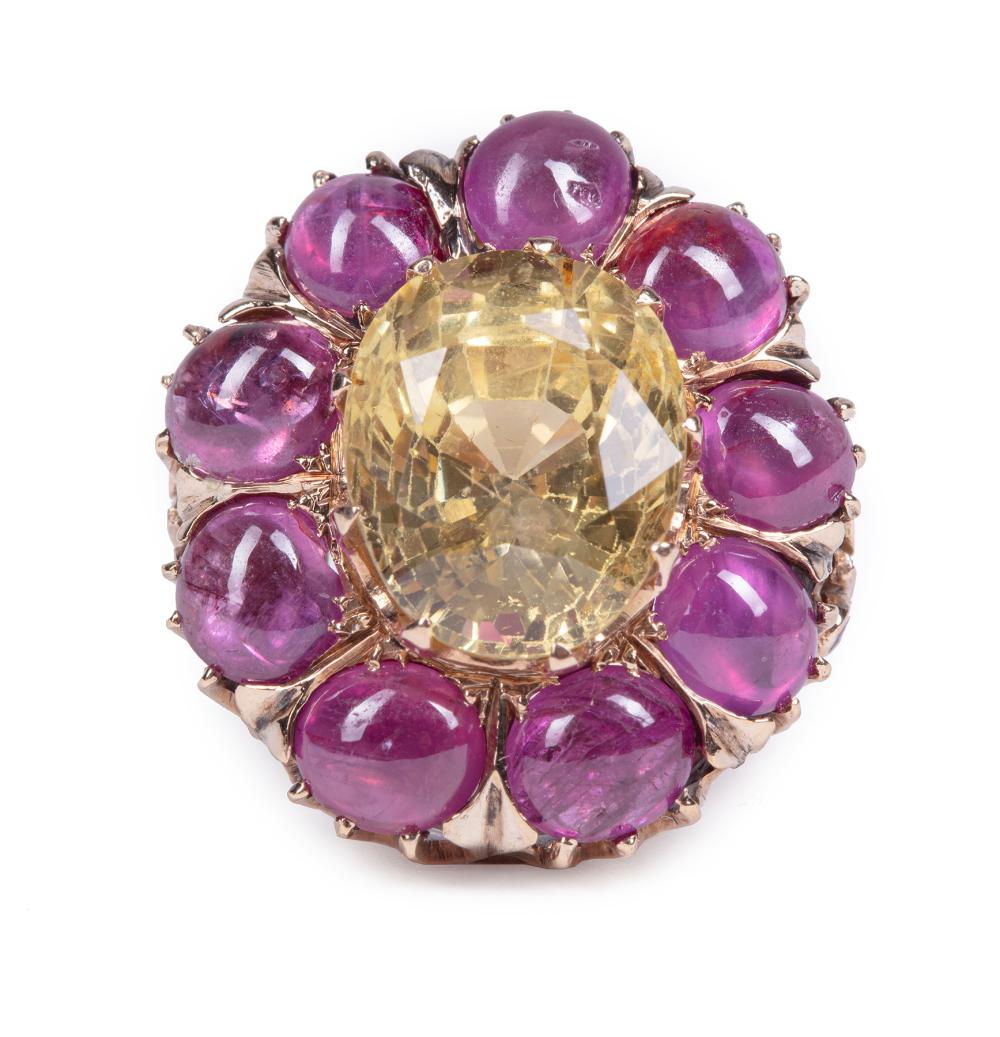 Appraisal: KT YELLOW GOLD FACETED YELLOW SAPPHIRE CABOCHON GARNET AND ENAMEL