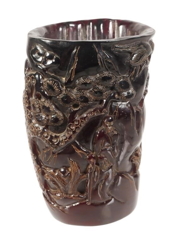 Appraisal: Deep red Chinese water buffalo horn carved libation cup Foliage