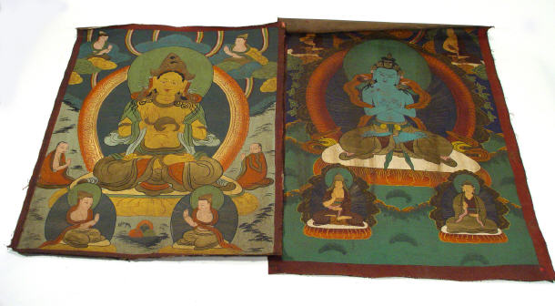 Appraisal: Two hand painted and gilded oriental scrolls onto cloth of