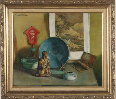 Appraisal: Asian motif tabletop still life oil on masonite x SUL