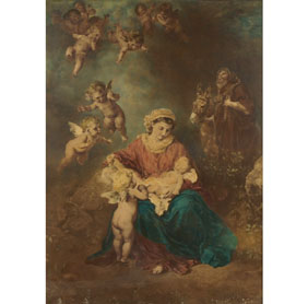 Appraisal: Religious print with Mary Joseph Christ child and cherubs chromolithograph