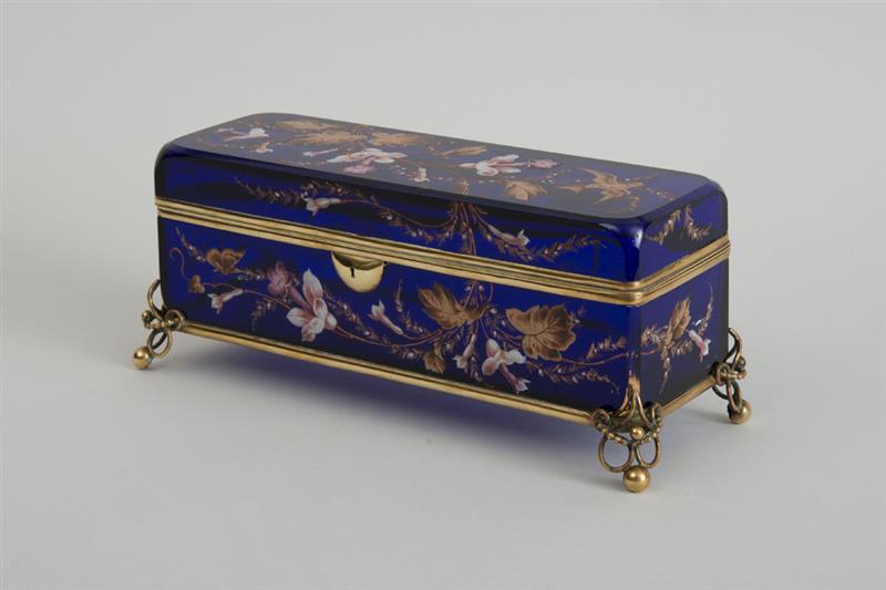 Appraisal: FRENCH GILT-METAL-MOUNTED AND ENAMEL-DECORATED COBALT GLASS GLOVE BOX x in