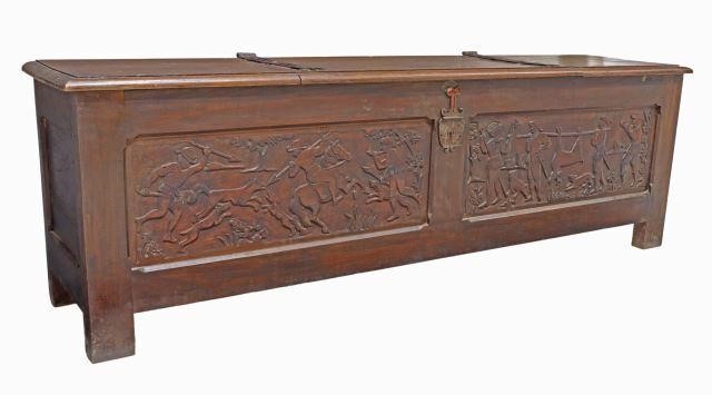 Appraisal: Continental walnut coffer storage trunk th c inset hinged top