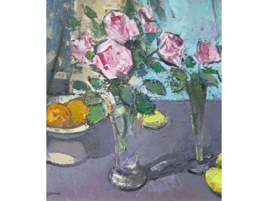 Appraisal: DES GORMAN b Oil on gesso 'Arrangement with Pink Roses'