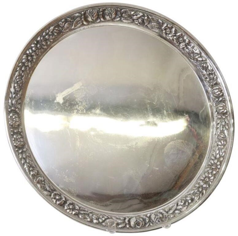 Appraisal: American sterling silver round tray Stieff hand-chased rim with flowers