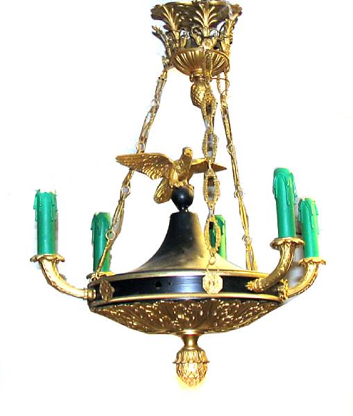 Appraisal: An Empire style gilt and patinated bronze five light chandelier