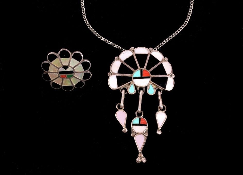 Appraisal: Zuni Inlaid Sunface Multi-stone Necklace Ring Included in this lot