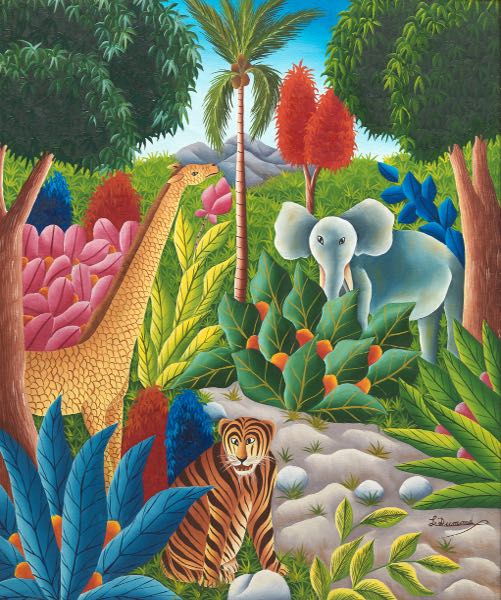 Appraisal: L DUMONT HAITIAN TH CENTURY x Jungle scene painting Oil