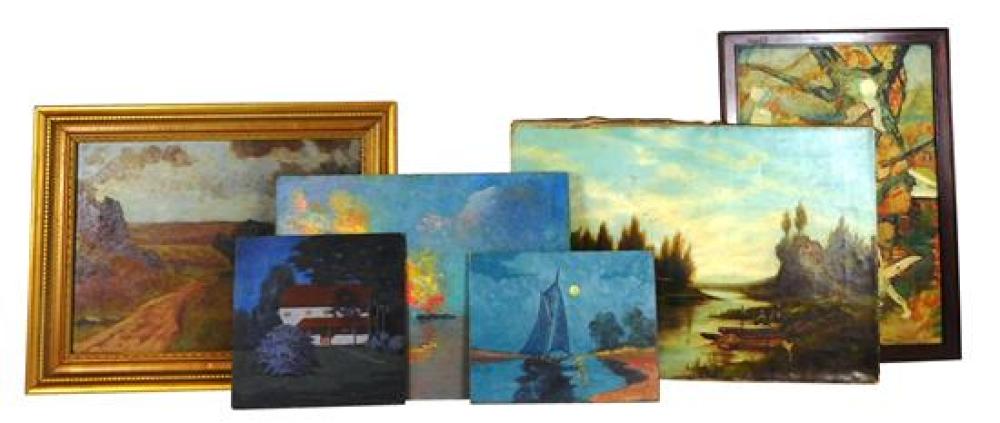 Appraisal: Six oil paintings assorted subjects including landscapes and seascapes oil