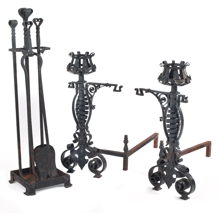 Appraisal: Arts and Crafts andirons and fire tools twisted and curled