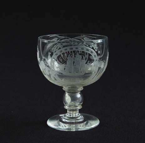 Appraisal: FINE ENGRAVED CLEAR GLASS RUMMER WITH COIN The round bowl