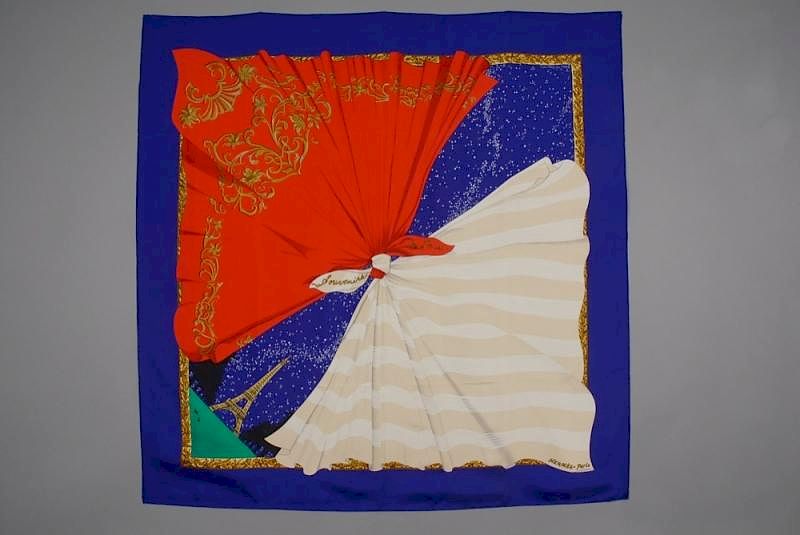 Appraisal: HERMES PRINTED SILK SOUVENRIS de PARIS SCARF ISSUE DATE Depicting