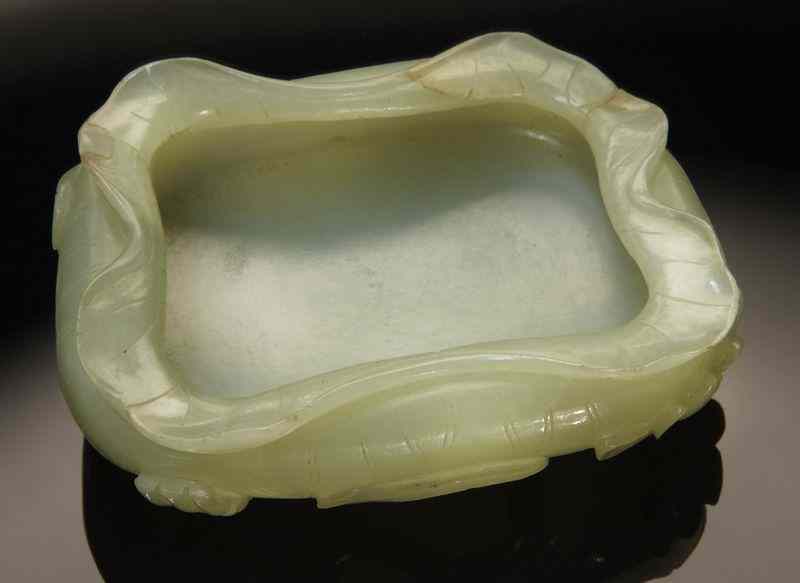 Appraisal: Chinese Qing carved jade lotus shaped brushwasher ''H x ''W