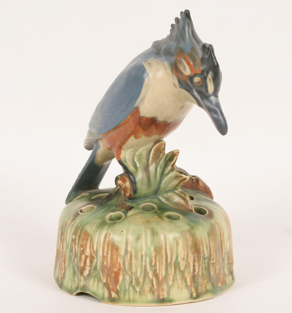 Appraisal: Weller pottery flower frog Ardsley pattern with blue kingfisher perched