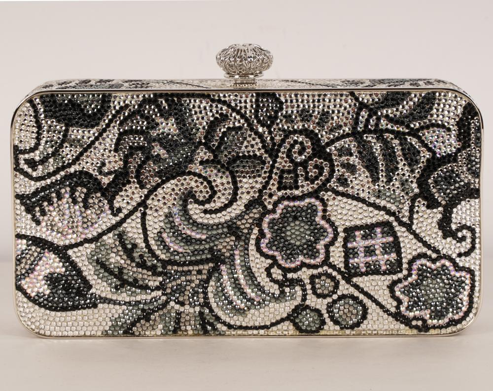 Appraisal: JUDITH LEIBER SILVER-TONE BAGwith multi-color crystals push clasp silver leather