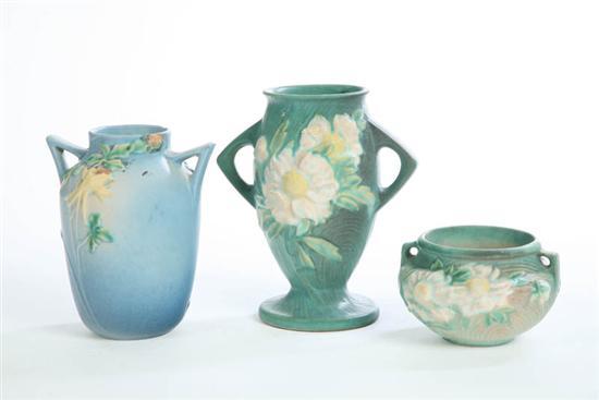 Appraisal: THREE PIECES OF ART POTTERY All are Roseville A Columbine