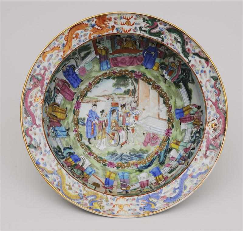 Appraisal: CANTON ROSE MEDALLION PORCELAIN BASIN With figure center and cavetto