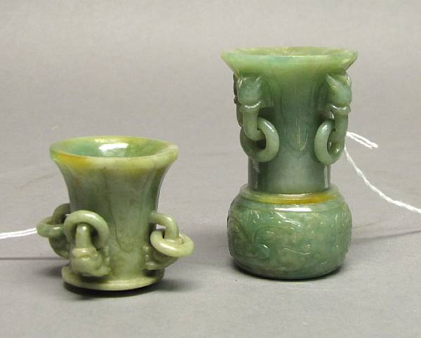 Appraisal: A small pieced green jadeite archaistic vase th Century Of