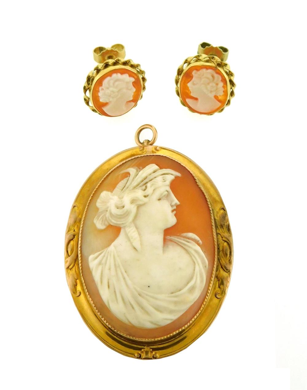 Appraisal: JEWELRY K Cameo pin pendant with K cameo earrings stamped