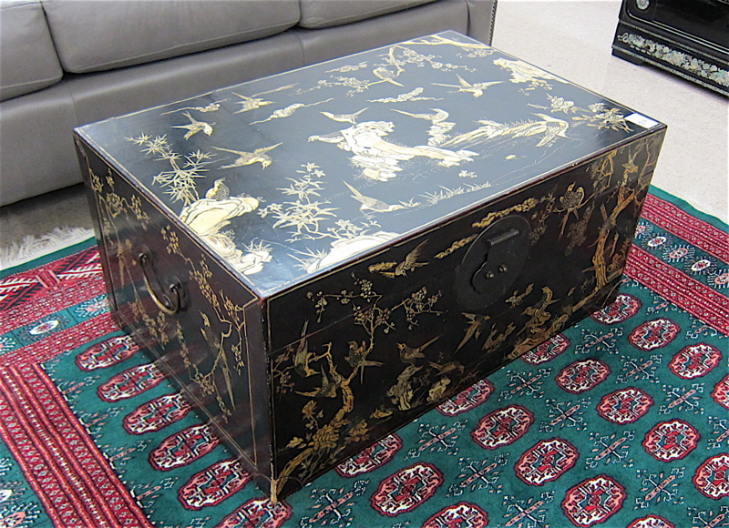 Appraisal: PARCEL GILT EBONIZED LEATHER TRUNK Chinese th century of rectangular