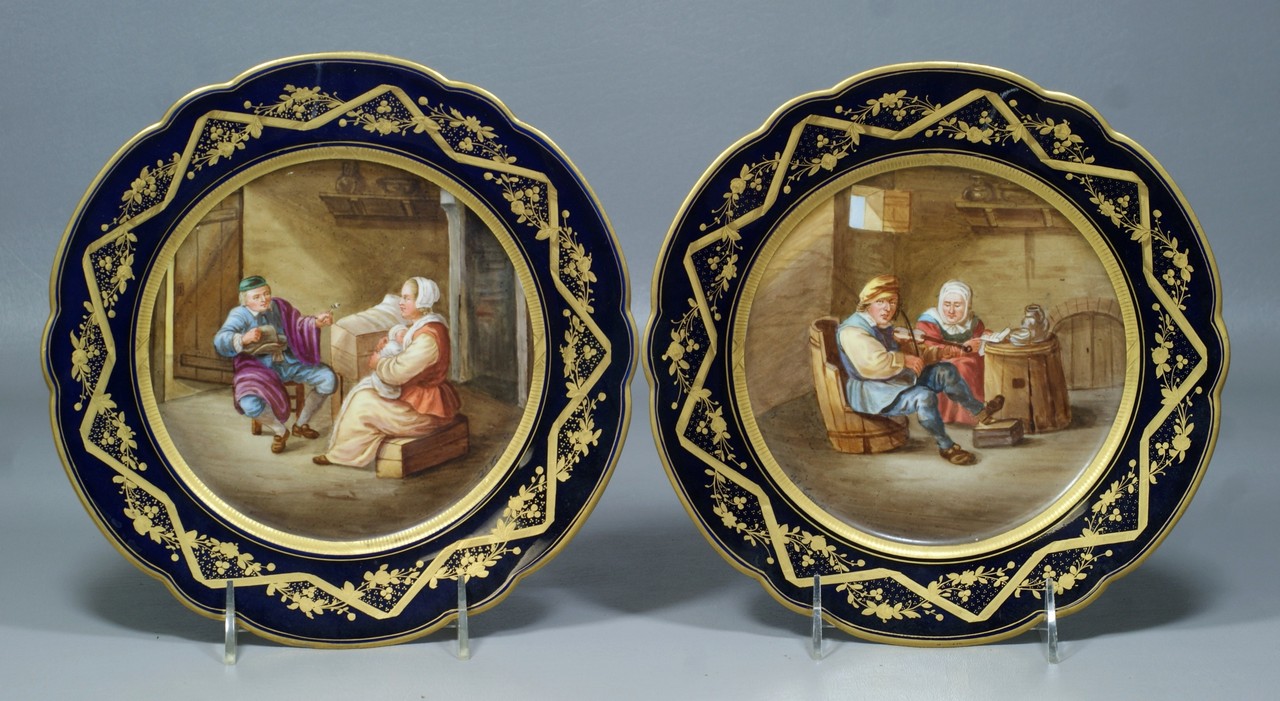 Appraisal: Sevres porcelain plates after David Teniers genre scenes gilt cobalt