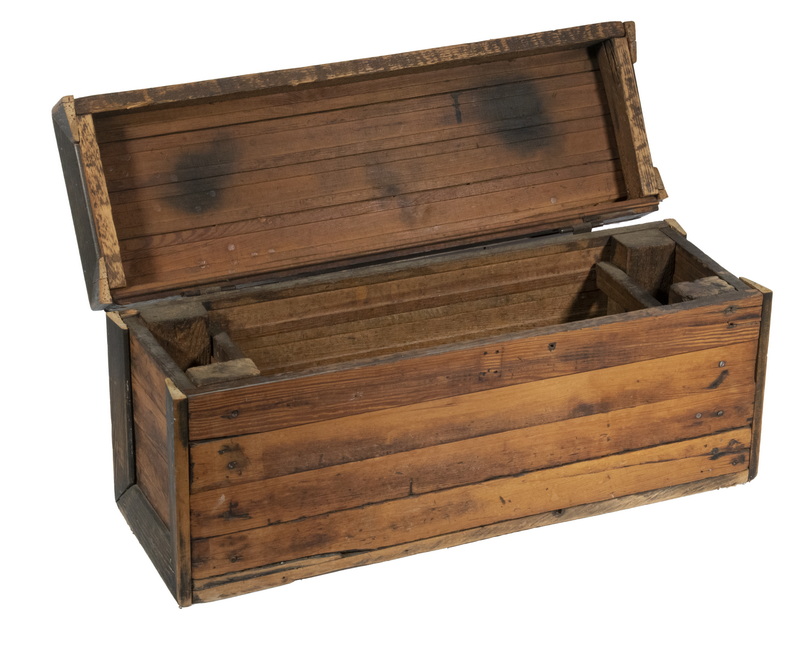 Appraisal: HANDMADE WOODEN TOOLBOX Handmade wooden toolbox circa high x x