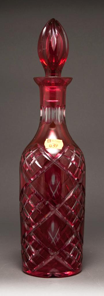 Appraisal: Bohemian cranberry cut-to-clear glass decanter th century in H in